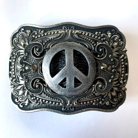 Handmade Peace Sign Metal Belt Buckle with Crystals & Detachable Distressed Belt - Picture 9 of 9